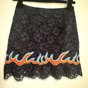 Sandro Navy Lace Mini Skirt with Multicolor Flame Embroidery